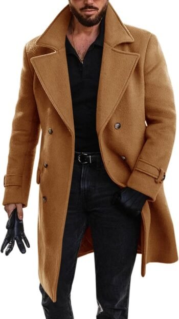 Mens Double Breasted Trench Coat Mid Long Jacket Notched Lapel Winter Chunky Warm Overcoat