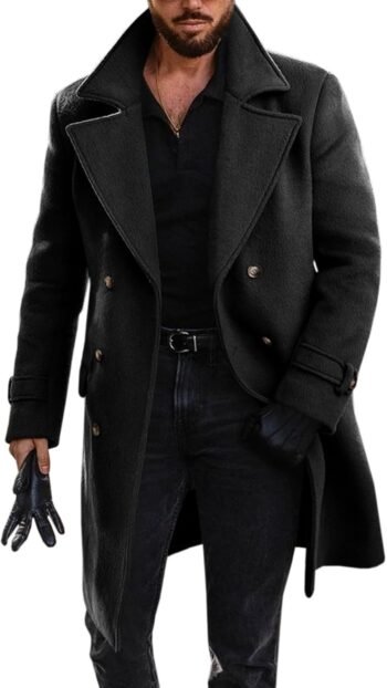 Mens Double Breasted Trench Coat Mid Long Jacket Notched Lapel Winter Chunky Warm Overcoat
