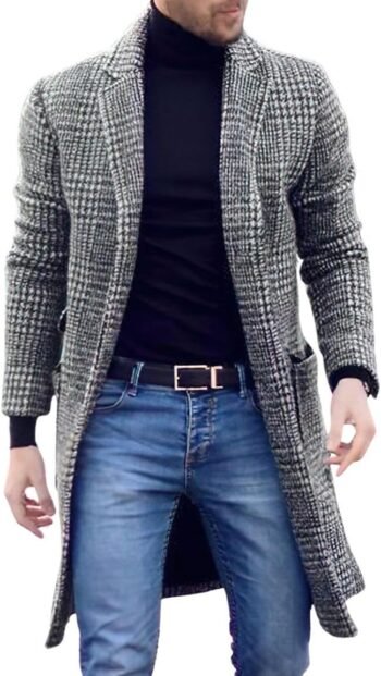 Men's Casual Lapel Collar Wool Trench Coat Plaid Single Breasted Wool Blend Pea Coat with Pockets