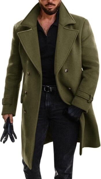 Mens Double Breasted Trench Coat Mid Long Jacket Notched Lapel Winter Chunky Warm Overcoat