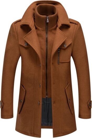 Men's Thermal Single Breasted Wool Blend Coat Business Peacoat with Detachable Zipper