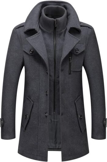 Men's Thermal Single Breasted Wool Blend Coat Business Peacoat with Detachable Zipper
