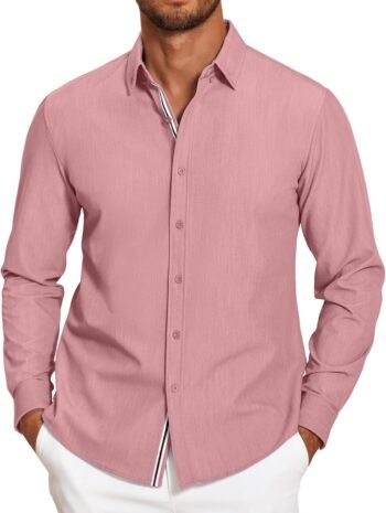 Mens Casual Button Down Shirt Untucked Long Sleeve Stretch Denim Dress Shirt