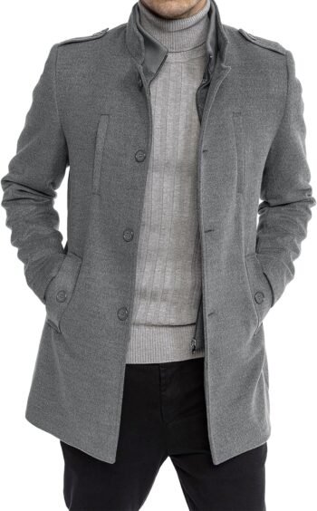 Mens Trench Coat Long Sleeve Stand Collar Single Breasted Pea Coat Casual Mid Long Slim Fit Overcoat with Pockets