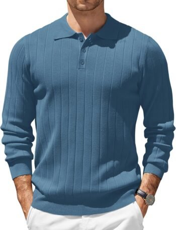 Mens Knit Polo Sweater Long Sleeve Polos Lightweight Casual Dress Pullover Sweaters